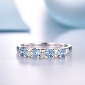 Blue Topaz Stacking Ring, Blue Topaz Ring, Topaz and Diamond Band, 14K Solid Gold Ring, December Birthstone, Gemstone Stacking Ring, Gift