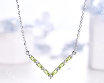Sterling Silver V Shaped Peridot Diamond Necklace Baguette Cut Genuine Peridot Chevron Minimalist Drop Pendant August Birthstone Gifts Women