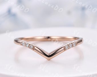 Round Moissanite Contour Wedding Band 10K Solid Gold V-Shaped Diamond Nesting Band Unique Curved Stacking Matching Bridal Band for Women