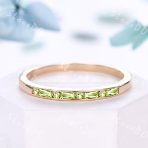Baguette Cut Natural Peridot Ring: Solid Gold Wedding Band