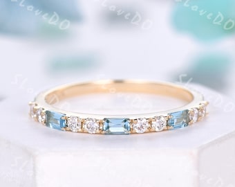 Blue Topaz Wedding Ring: Baguette Diamond Eternity Band, Solid Gold Promise Gift