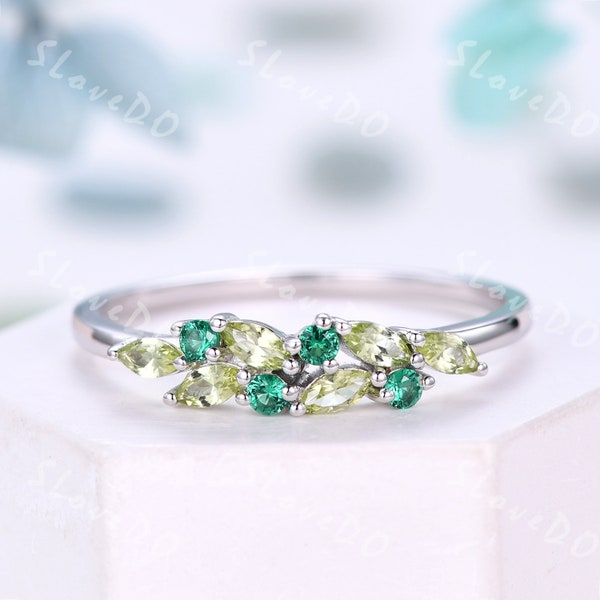 Unique Peridot Cluster Wedding Band,14k White Gold Ring,Marquise Cut Peridot Emerald Ring,Two Birthstones Ring,Stackable Ring,Promise Gift