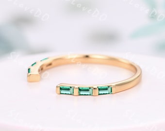 Fede nuziale verde smeraldo impilabile anello aperto con gap baguette smeraldo 14K oro nocca corrispondenza fascia polsino anello aperto regalo per la sua pietra portafortuna di maggio