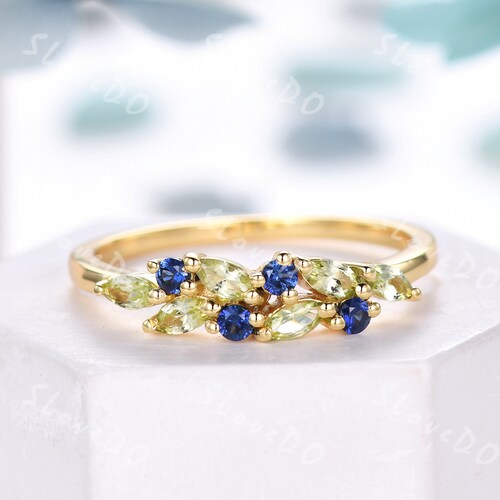 Vintage Peridot Sapphire Ring: 14k Gold August Birthstone Band