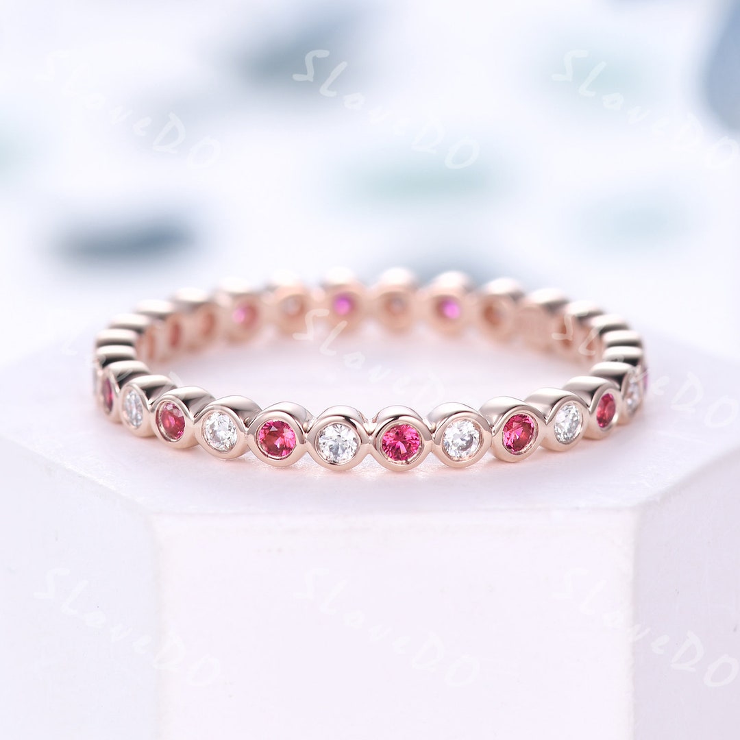 Ruby Moissanite Wedding Band: 14K Rose Gold Art Deco Eternity Ring - Etsy