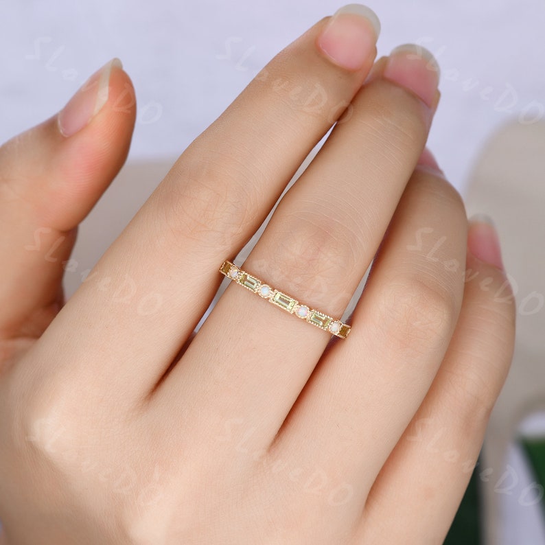 Vintage Peridot Opal Wedding Band,Baguette Cut Yellow Gold Wedding Ring,Unique Stacking Band,Birthstone Ring,Anniversary Gift,Promise Ring image 4