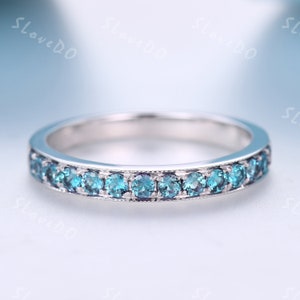 Alexandrite Wedding band,June Birthstone,14k White Gold,Anniversary ring,Promise ring,Half Eternity,Stackable,Milgrain,Pave Set,Gift for her