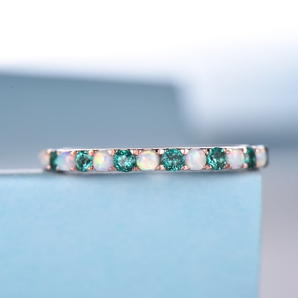 14k Gold Opal & Emerald Ring Geen Emerald Half Eternity Band Dainty Opal Ring May Birthstone Ring Gold Stacking Ring Anniversary Gift