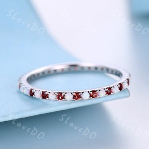 Eternity Band,Opal Garnet Wedding Ring,White Gold,October Birthstone,Opal Wedding Band,Stacking Matching Band,Anniversary Ring, Gift for Her
