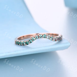 Alexandrite Wedding Band Curved Band Rose Gold June Birthstone Ring Minimalist Ring Pave Wedding Band Stacking Band Matching Rings for Women