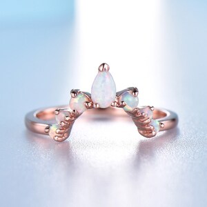 Opal Ring 14K Solid Rose Gold Ring White fire Opal Curve Matching Band Opal Wedding Band October Birthstone Ring