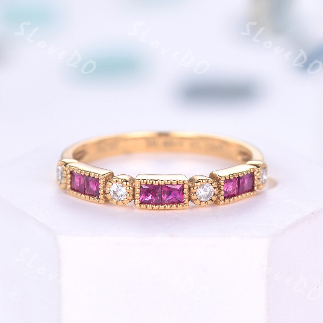 Art Deco Ruby Diamond Ring: 14K Gold Wedding Stacking Band - Etsy