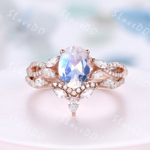 Oval Moonstone Ring Set,Unique Moonstone Engagement Ring,V curved Moissanite Stacking Band,Art Deco Bridal Promise Ring Gift,Sterling Silver
