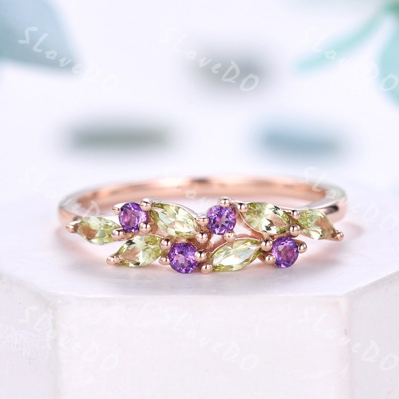Vintage Peridot Wedding Band,14k Solid Gold Ring,Cluster Marquise Peridot Amethyst Ring,August Birthstone Ring,Stacking Band,Gift for Women image 9