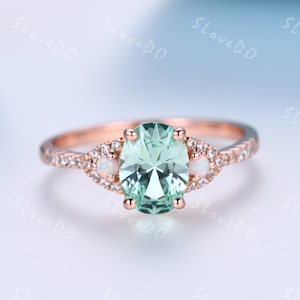 8X6mm Green sapphire ring,oval green stone,dainty sapphire diamond engagement ring,Opal Wedding Ring,Cluster ring,Valentine&#39;s Gift for her
