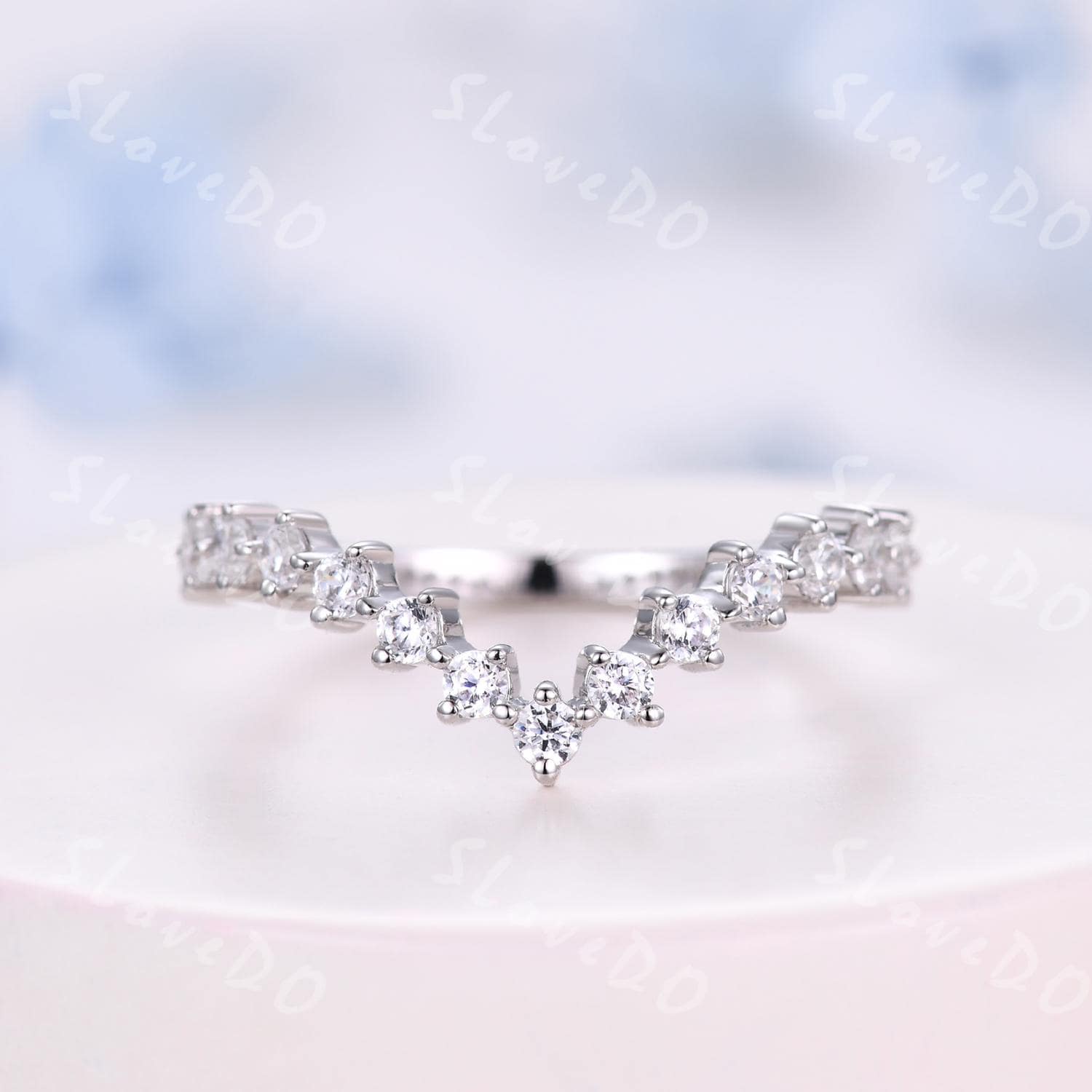 14K White Gold Diamond Chevron Ring: V Shaped Stacking Band