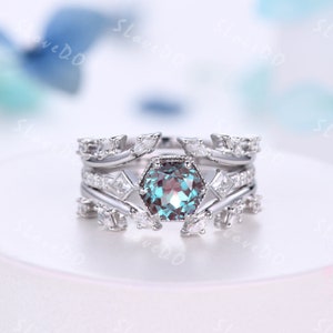 Alexandrite Engagement ring set Leaf Moissanite ring Vintage Enhancer Wedding Band Unique Diamond Cluster ring Anniversary ring Gift for Her