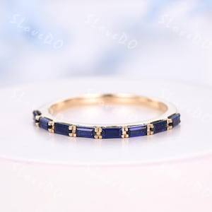 Vintage Blue Sapphire Engagement Ring Unique Baguette Cut Sapphire Wedding Band Stackable Solid Gold Ring September Birthstone Promise Gift