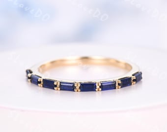 Vintage Baguette Blue Sapphire Ring: Solid Gold Wedding Band