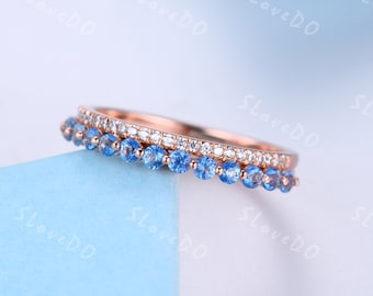 Swiss Blue Topaz Wedding Band, Blue Topaz Ring, 14k Rose Gold Ring, Blue Topaz and Diamond Ring, December Birthstone, Vintage Stacking Band