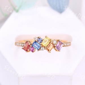 Multicolor band cluster ring vintage sapphire diamond wedding band women solid gold Baguette cut Matching band Unique Bridal Promise gift