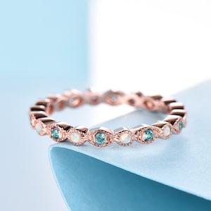 14K Rose Gold Rings Opal and Alexandrite Full Eternity Band Anniversary Gift Matching Band Stacking Ring Art Deco Promise Ring