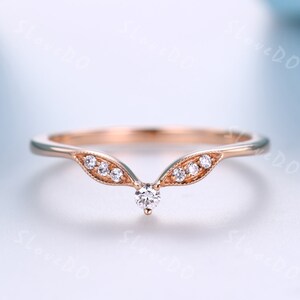 Art deco curved Moissanite wedding band Unique Danity 14K  rose gold stacking band delicate band minimalist ring bridal women matching band