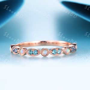 14K Rose Gold Rings Opal and Alexandrite Half Eternity Band Anniversary Gift Matching Band Stacking Ring Art Deco Promise Ring
