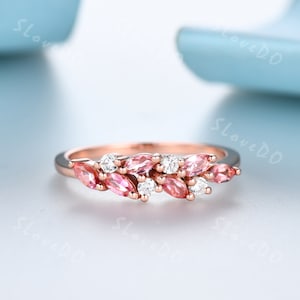 Cluster Marquise Pink Tourmaline Ring,Tourmaline Engagement Ring,Rose Gold Wedding Band,Simulated Diamond Stacking Band,Women Gift for Her