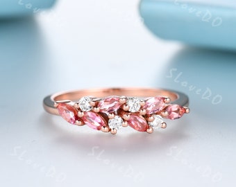 Pink Tourmaline Cluster Ring: Rose Gold Moissanite Wedding Band