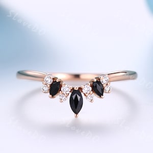 Black Onyx Wedding Ring,Black Gem Stacking Ring,Gold Ring,Dainty Ring,Real Diamond Ring,Petite Ring,V Curved Matching Anniversary Ring Gift