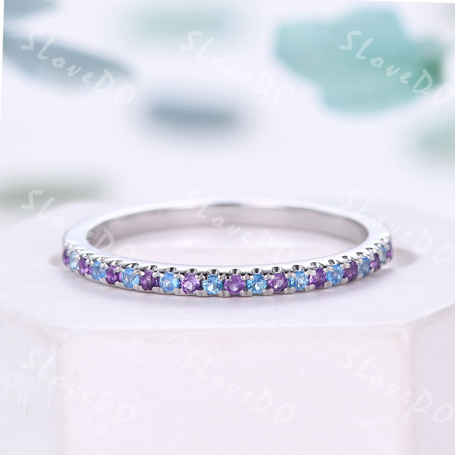 Blue Topaz Amethyst Wedding Band,Half Eternity Amethyst Stack Ring,Dainty Topaz Matching Band,Birthstone Ring,Anniversary Ring,Promise Gift