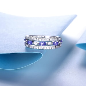 Natural Tanzanite Ring, Tanzanite Diamond Wedding Band, Row Diamond Ring, Womens Wedding Band, Moissanite Ring, Solid White Gold