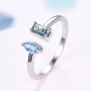Moosachat Blautopas Ring: Zwei Steine Offener Ehering