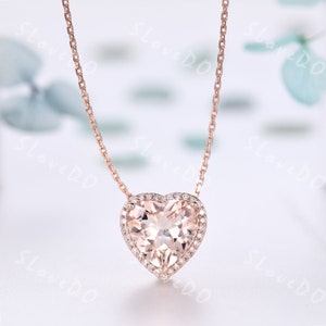 Heart Morganite Necklace 14K Rose Gold Halo Diamond Pendant Necklace Pink Gemstone Necklace Anniversary Gift Birthday Gift Morganite Jewelry