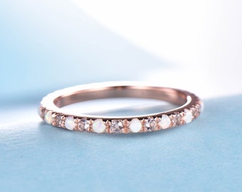 Opal Morganite Ring, Eternity Matching Band, Opal Wedding Ring, 14K Rose Gold Stacking Ring, Delicate Ring, Anniversary Gift