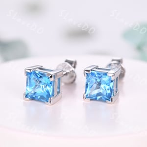 Princess Cut Swiss Blue Topaz Stud Earrings, 925 Silver