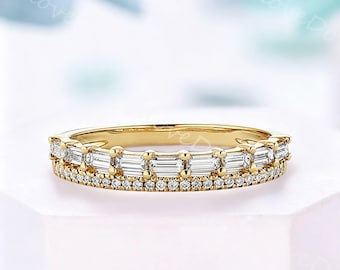 Two-Row Baguette Round Moissanite Diamond Half Eternity Band for Women-Solid 14K Yellow Gold Stacking Band - Minimalist Bridal Matching Band