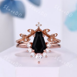 Vintage Coffin Black Onyx Engagement Ring Set,Black gems,Unique Leaf Moissanite Diamond Curved Wedding Band Bridal Ring Gift For Her,Custom