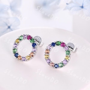 Natural Rainbow Studs Multi Sapphire Circle Stud Earrings 14K White Gold Tiny Earrings Colorful Earrings Bridal Weeding Jewelry Dainty Gift