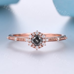 Dainty Salt and Pepper Diamond Engagement Ring Rose Gold Ring Dainty Halo Wedding Ring Art Deco diamond Wedding Ring Bridal Anniversary Ring