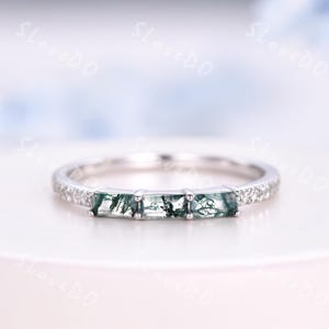 Unique Baguette Moss agate Wedding Band,Natural Green Agate Diamond Ring,Minimalist White Gold Stacking Matching Band,Promise Gift For Her