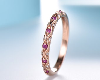 Ruby and Diamond Ring: 14k Gold Stacking Wedding Band