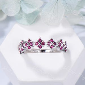 Sterling Silver Ruby Floral Half Eternity Wedding Band Cluster Clover Design Dainty Anniversary Ring Gift Stackable Wedding Ring for Women