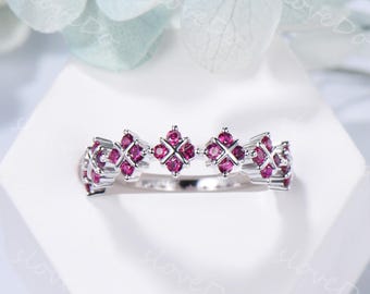 Sterling Silver Ruby Floral Half Eternity Wedding Band Cluster Clover Design Dainty Anniversary Ring Gift Stackable Wedding Ring for Women