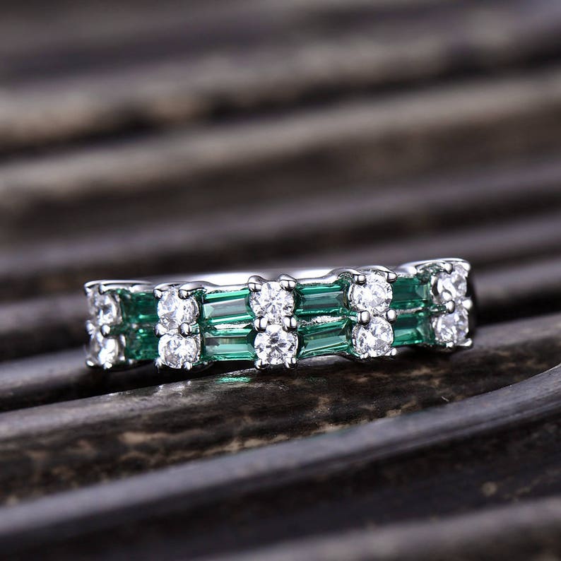 Emerald and Diamond Wedding Band 10K/14K/18K White Gold Etsy