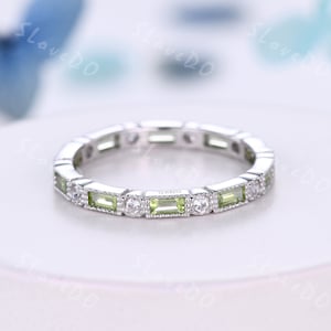 Vintage Peridot Wedding Band,Full Eternity,Baguette White Gold Wedding Ring,Unique Stacking Band,Birthstone Ring,Promise Band,Christmas Gift