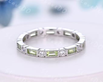 Vintage Peridot Wedding Band,Full Eternity,Baguette White Gold Wedding Ring,Unique Stacking Band,Birthstone Ring,Promise Band,Christmas Gift