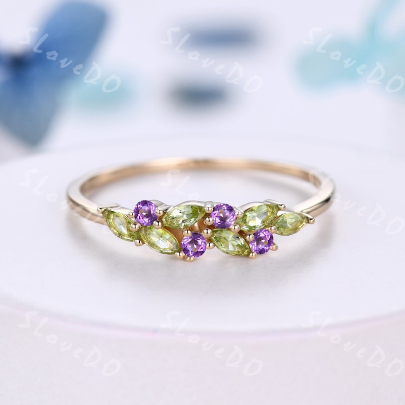 Vintage Peridot Wedding Band,14k Solid Gold Ring,Cluster Marquise Peridot Amethyst Ring,August Birthstone Ring,Stacking Band,Gift for Women image 2
