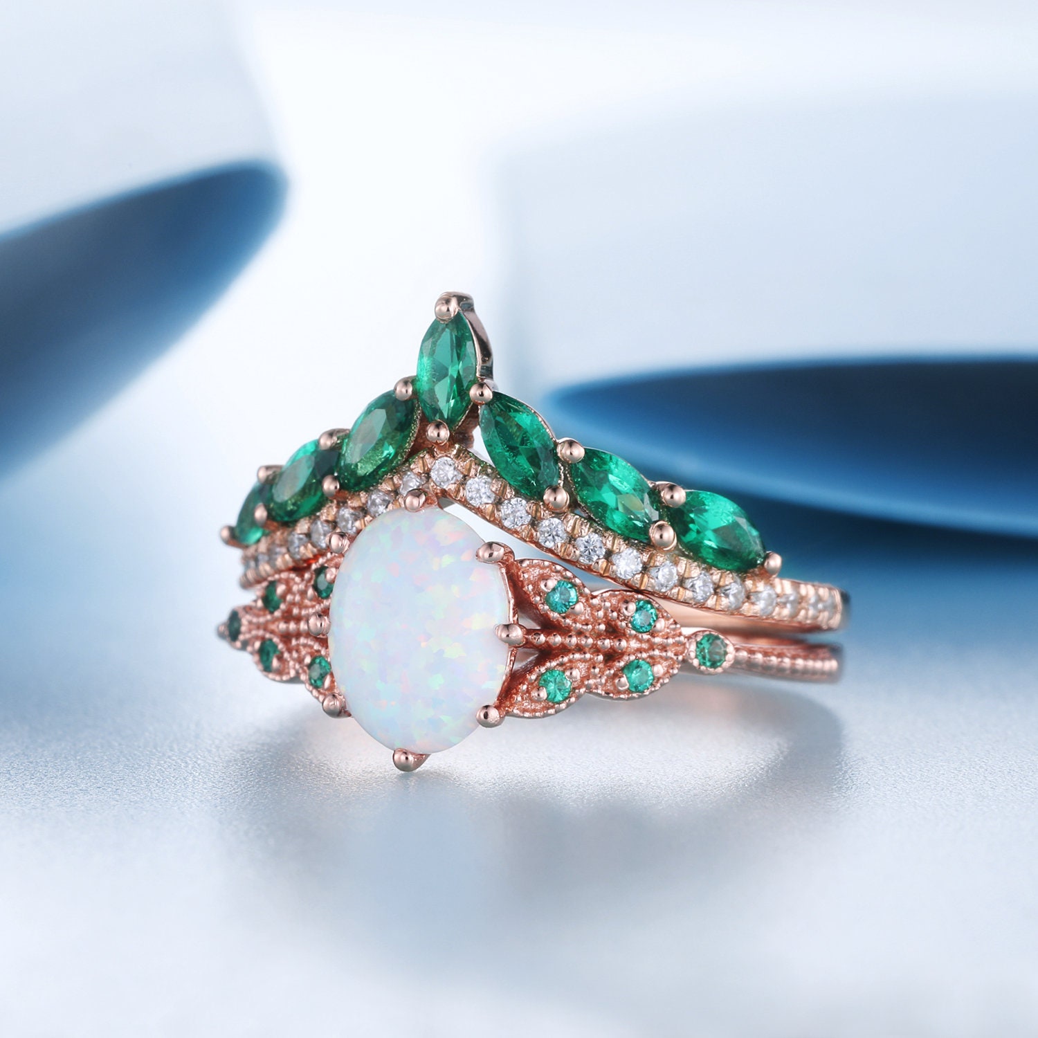 Opal Engagement Ring Set Rose Gold Opal Emerald Wedding Ring | Etsy